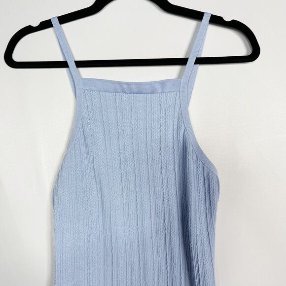 Zara M Light Blue Bodycon Knit Mini Dress Cable Weave Straight Neck Drop Back - Picture 3 of 12